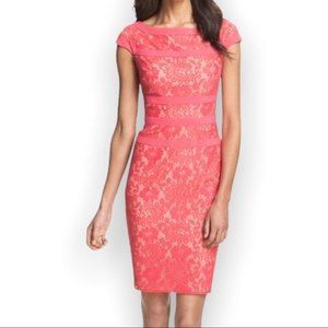 Adrianna Papell Dress Cocktail Lace Pink Sz 12 Illusion Sheath Coral Nude